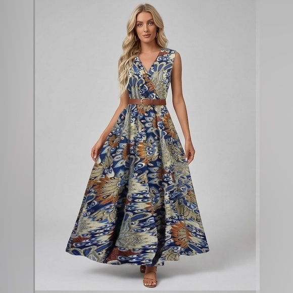 By Design Dresses & Skirts - Bohemian Peacock Print V-Neck Maxi Dress